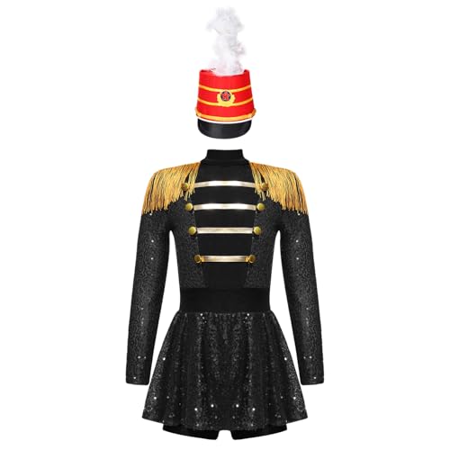 Nyeemya Kinder Mädchen Zirkus Zirkusdirektor Kleid Trommler Uniform Bodysuit Langarm mit Hut Halloween Tanzkleidung Schwarz Rot 134-140 von Nyeemya