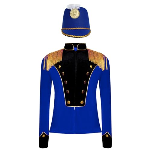 Nyeemya Kinder Unisex Zirkus Kostüm Langarm Jacke Epauletten Uniform Militärischer Blazer Mantel mit Mütze Performance Faschingskostüm Königsblau 110-116 von Nyeemya