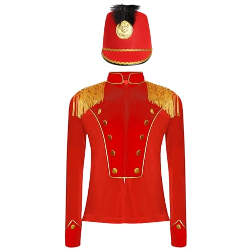 Nyeemya Kinder Unisex Zirkus Kostüm Langarm Jacke Epauletten Uniform Militärischer Blazer Mantel mit Mütze Performance Faschingskostüm Rot 122-128 von Nyeemya