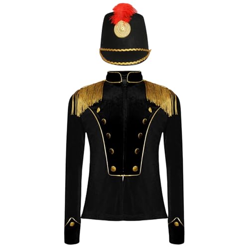 Nyeemya Kinder Unisex Zirkus Kostüm Langarm Jacke Epauletten Uniform Militärischer Blazer Mantel mit Mütze Performance Faschingskostüm Schwarz 122-128 von Nyeemya