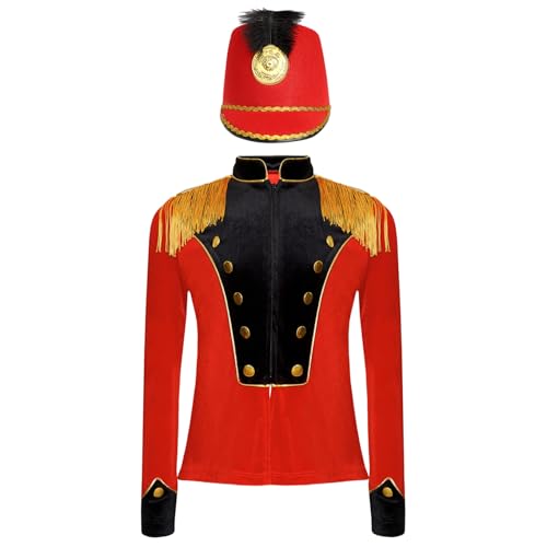 Nyeemya Kinder Unisex Zirkus Kostüm Langarm Jacke Epauletten Uniform Militärischer Blazer Mantel mit Mütze Performance Faschingskostüm rot schwarz 110-116 von Nyeemya