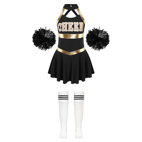 Nyeemya Mädchen Cheer Leader Cheerleadering Outfit Uniform Kleid mit Pompoms Socken für Karneval Halloween Fasching Mottoparty Ein Weiß&Schwarz 146-152 von Nyeemya