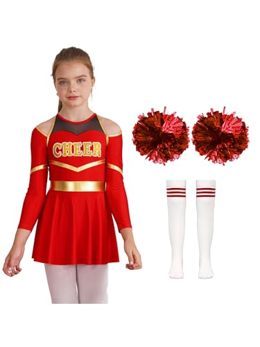 Nyeemya Mädchen Cheer Leader Cheerleading Kostüm Schulmädchen Uniform Tanzkleid mit Pompom und Socken Halloween Kostüm Karneval Fasching Party Ein Rot 170 von Nyeemya