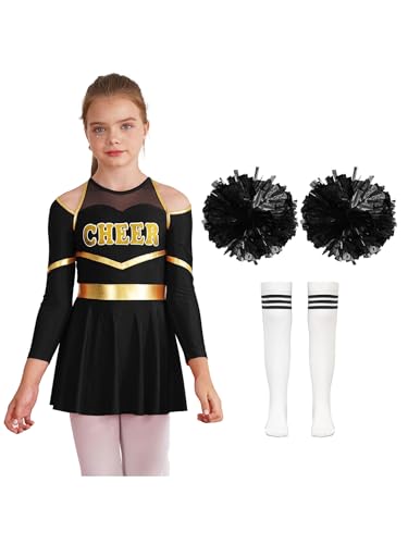 Nyeemya Mädchen Cheer Leader Cheerleading Kostüm Schulmädchen Uniform Tanzkleid mit Pompom und Socken Halloween Kostüm Karneval Fasching Party Ein Weiß&Schwarz 134-140 von Nyeemya