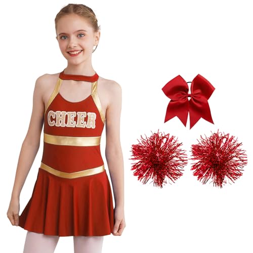 Nyeemya Mädchen Cheer Leader Halloween Kostüm Cheerleading Fasching Tanz Kleid mit 2 Pompoms und Kopfbedeckung B Rot 134-140 von Nyeemya