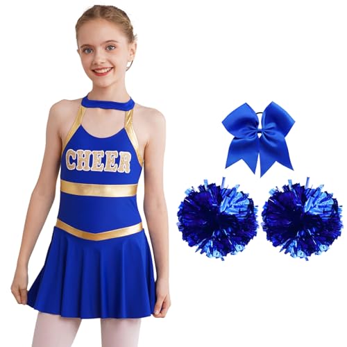 Nyeemya Mädchen Cheer Leader Halloween Kostüm Cheerleading Fasching Tanz Kleid mit 2 Pompoms und Kopfbedeckung Ein Königsblau 110-116 von Nyeemya