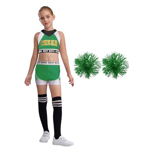 Nyeemya Mädchen Cheer Leader Kostüm Ärmellos Cheerleading Uniform mit Faltenrock Pompoms und Socken Kinder Cheer Outfit Grün Weiß 122-128 von Nyeemya