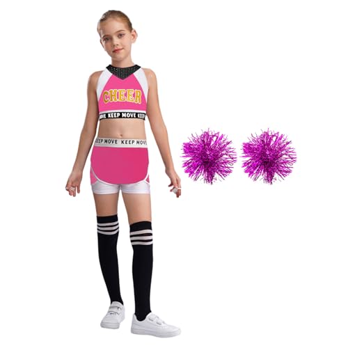 Nyeemya Mädchen Cheer Leader Kostüm Ärmellos Cheerleading Uniform mit Faltenrock Pompoms und Socken Kinder Cheer Outfit Pink und Weiß 134-140 von Nyeemya