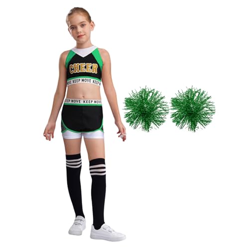 Nyeemya Mädchen Cheer Leader Kostüm Ärmellos Cheerleading Uniform mit Faltenrock Pompoms und Socken Kinder Cheer Outfit Schwarz Grün 122-128 von Nyeemya