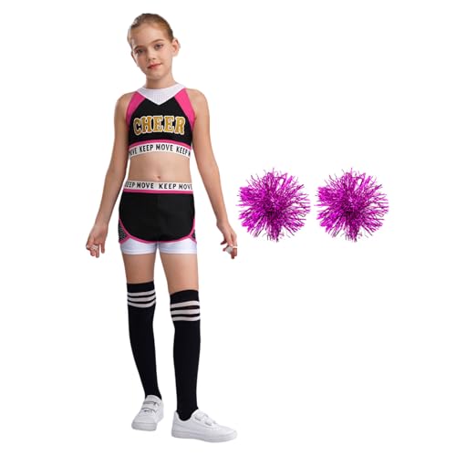 Nyeemya Mädchen Cheer Leader Kostüm Ärmellos Cheerleading Uniform mit Faltenrock Pompoms und Socken Kinder Cheer Outfit Schwarz & Hot Pink 110-116 von Nyeemya