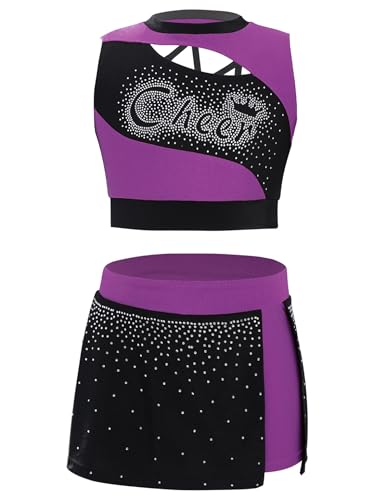 Nyeemya Mädchen Cheer Leader Outfit Ärmellos Cheerleading Uniform Karneval Kostüm Top und Rock Kinder Cheer Outfit Violett 122-128 von Nyeemya