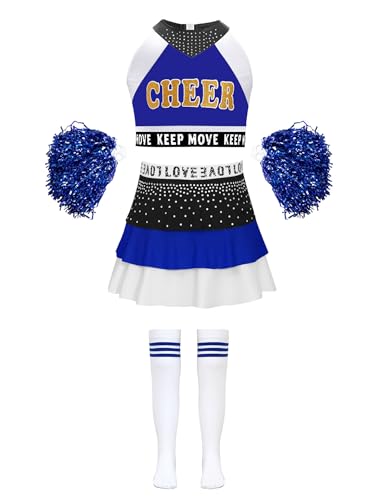 Nyeemya Mädchen Cheerleadering Kostüm Uniformen Ärmellos Tank Top Minirock mit Pompoms und Socken Set für Halloween Karneval Blau 122-128 von Nyeemya