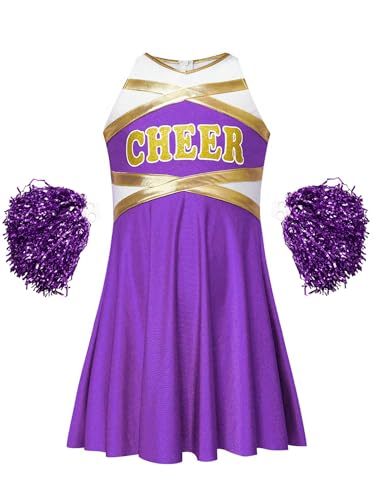 Nyeemya Mädchen Cheerleading Kleid Tanzkleid Schulmädchen Uniform Ärmellos Kleid Mit Handblumen Halloween Karneval Fasching B Lila 146-152 von Nyeemya