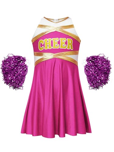 Nyeemya Mädchen Cheerleading Kleid Tanzkleid Schulmädchen Uniform Ärmellos Kleid Mit Handblumen Halloween Karneval Fasching B Pink 122-128 von Nyeemya