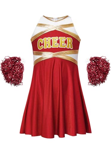 Nyeemya Mädchen Cheerleading Kleid Tanzkleid Schulmädchen Uniform Ärmellos Kleid Mit Handblumen Halloween Karneval Fasching B Rot 170 von Nyeemya