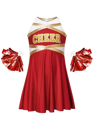 Nyeemya Mädchen Cheerleading Kleid Tanzkleid Schulmädchen Uniform Ärmellos Kleid Mit Handblumen Halloween Karneval Fasching Ein Rot 134-140 von Nyeemya