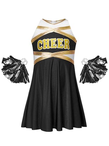 Nyeemya Mädchen Cheerleading Kleid Tanzkleid Schulmädchen Uniform Ärmellos Kleid Mit Handblumen Halloween Karneval Fasching Ein Schwarzer 134-140 von Nyeemya