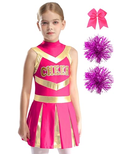 Nyeemya Mädchen Cheerleading Kleid Tanzkleid Uniform Ärmellos Kleid mit Handblumen und Schleife Halloween Karneval Fasching B Pink 110-116 von Nyeemya