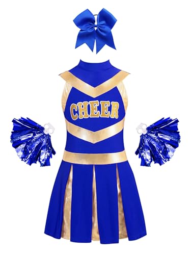 Nyeemya Mädchen Cheerleading Kleid Tanzkleid Uniform Ärmellos Kleid mit Handblumen und Schleife Halloween Karneval Fasching Ein blaues 110-116 von Nyeemya