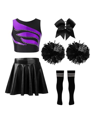 Nyeemya Mädchen Cheerleading Kostüm Cheer Leader Outfit Ärmellos Top und Rock mit Pompons Socken Haarzubehör Halloween Kostüm Ein Lila und Schwarz 134-140 von Nyeemya