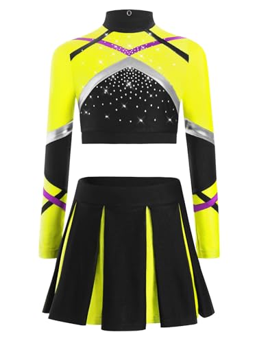 Nyeemya Mädchen Cheerleading Uniform Buchstaben Langärmlige Crop Top mit Rock Halloween Kostüm Sport Schule Tanz Outfits Fluoreszierendes Gelb 170 von Nyeemya