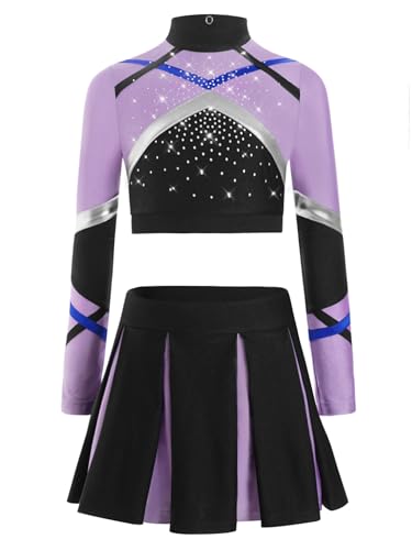 Nyeemya Mädchen Cheerleading Uniform Buchstaben Langärmlige Crop Top mit Rock Halloween Kostüm Sport Schule Tanz Outfits Helles Lila 158-164 von Nyeemya