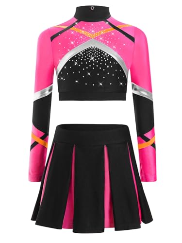 Nyeemya Mädchen Cheerleading Uniform Buchstaben Langärmlige Crop Top mit Rock Halloween Kostüm Sport Schule Tanz Outfits Hot Pink 170 von Nyeemya