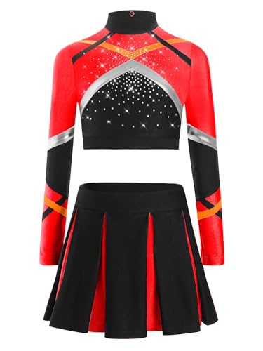 Nyeemya Mädchen Cheerleading Uniform Buchstaben Langärmlige Crop Top mit Rock Halloween Kostüm Sport Schule Tanz Outfits Rot 110-116 von Nyeemya