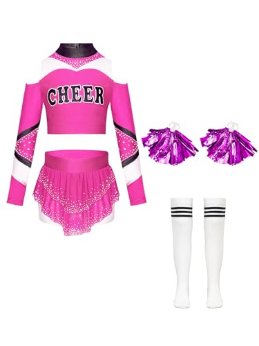 Nyeemya Mädchen Cheerleading Uniform Halloween Karneval Langarm Crop Top Rock mit Pompoms und Socken Set Tanzkostüm Hot Pink 134-140 von Nyeemya