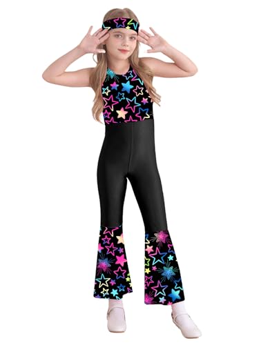 Nyeemya Mädchen Halloween 70er Jahre Disco Metallic Turnanzug Overall Ärmellos Jumpsuit Einteiler Bodysuit Jumpsuit mit Stirnband Set Schwarz 134-140 von Nyeemya