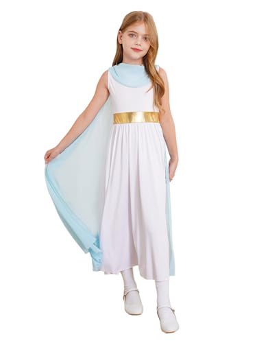 Nyeemya Mädchen Halloween Antike Griechische Kostüm Römische Prinzessin Kleid Mittelalter Kleid Tüll Toga Kostüm für Halloween Karneval Hellblau 146-152 von Nyeemya