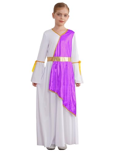 Nyeemya Mädchen Halloween Antike Griechische Toga Kostüm Langarm Toga Kleid Farbe Block Patchwork Kleid für Halloween Karneval Violett 122-128 von Nyeemya