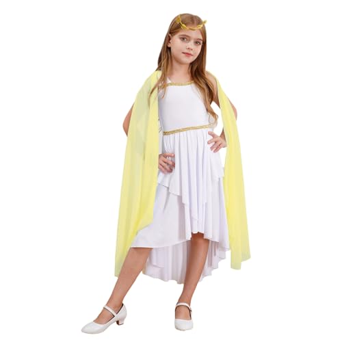 Nyeemya Mädchen Halloween Antike Griechische Toga Kostüm Römische Prinzessin Kleid Asymmetrisches Kleid für Karneval Party Gelb 134-140 von Nyeemya