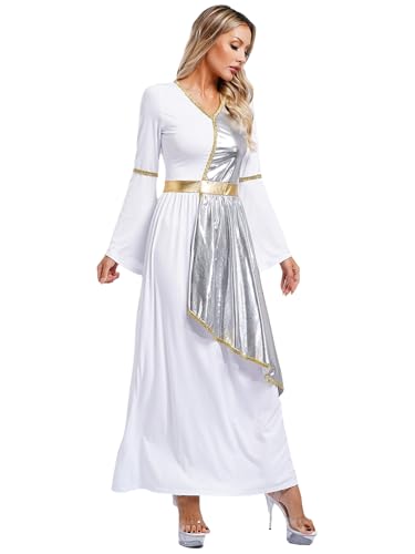 Nyeemya Römische Göttin Antike Karneval Kostüm Damen Griechisches Toga Kostüm Toga Kleid V Ausschnitt Flare Ärmel Antike Römische Faschingskostüm Silber XL von Nyeemya