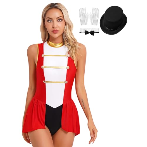 Nyeemya Zirkusdirektorin Kostüm Damen Dompteurin Zirkus Uniform Bodysuit Overall mit Hut Halsumfang und Handschuhen B Rot M von Nyeemya