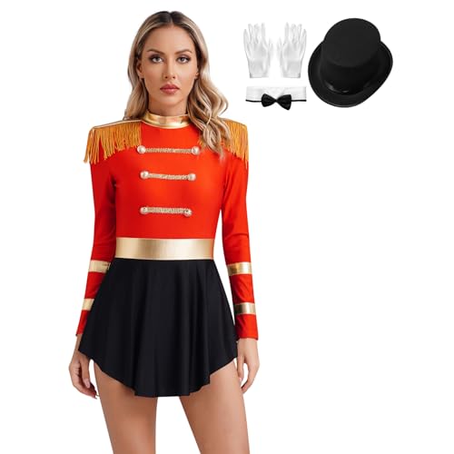 Nyeemya Zirkusdirektorin Kostüm Damen Dompteurin Zirkus Uniform Bodysuit Overall mit Hut Halsumfang und Handschuhen C Rot S von Nyeemya