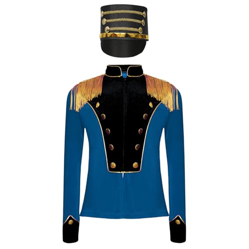 NyeemyaKinder Mädchen Jungen Zirkusdirektor Kostüm Jacke Uniform Langarm Fransen Epauletten Mantel mit Hut Cosplay Karneval Outfit Dunkelblau 110-116 von Nyeemya