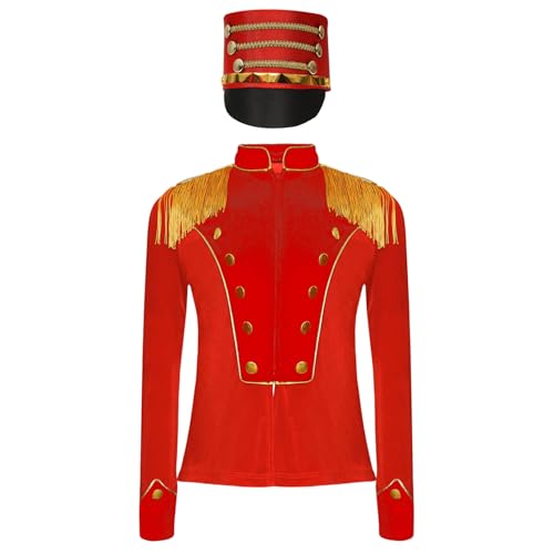 NyeemyaKinder Mädchen Jungen Zirkusdirektor Kostüm Jacke Uniform Langarm Fransen Epauletten Mantel mit Hut Cosplay Karneval Outfit Rot 98-104 von Nyeemya