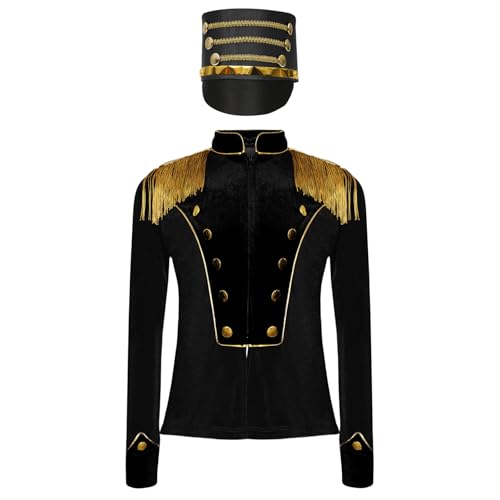 NyeemyaKinder Mädchen Jungen Zirkusdirektor Kostüm Jacke Uniform Langarm Fransen Epauletten Mantel mit Hut Cosplay Karneval Outfit Schwarz 110-116 von Nyeemya