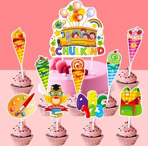 19 Stück Schulanfang Tortendeko, Einschulung Cupcake Topper Schuleinführung Kuchendekoration ABC 123 Zuckertüte Fondant für Schulkind Schulanfang 1. Schultag Einschulungsfeier Junge Mädchen von Nytlivet