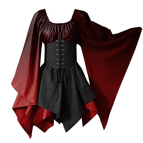 Nyuiuo Mittelalter Rock Damen Gothic Dress Vintage Kostüm Kapuze Mittelalterliche Kleider Mittelalterkleid Halloween Maxikleid Taille Viktorianische Partykleid High Cosplay Mittelaltergesmokte von Nyuiuo