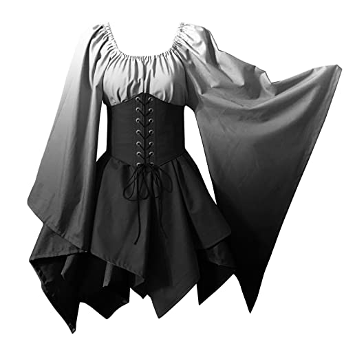 Nyuiuo Mittelalter Rock Damen Gothic Dress Vintage Kostüm Kapuze Mittelalterliche Kleider Mittelalterkleid Halloween Maxikleid Taille Viktorianische Partykleid High Cosplay Mittelaltergesmokte von Nyuiuo
