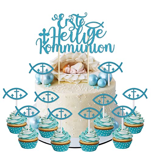 11 Stück Taufe Kuchen Dekoration, Kommunion Torten Topper, Fische Streudeko, Erstkommunion Cake Deco, Kuchen Deko für Junge Mädchen (Blau) von O-Kinee