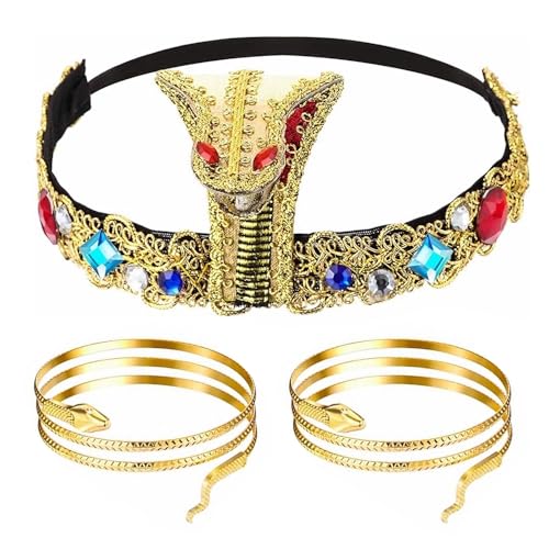 3 Stück Ägyptisches Kostüm Zubehör,Kleopatra Accessoires,Cleopatra Accessoires,Kleopatra Kostüm Damen, Cleopatra Schmuck mit 2 Schlangen Armbänder,für Halloween,Rollenspiel-Party,Karneval,Mottoparty von O-Kinee