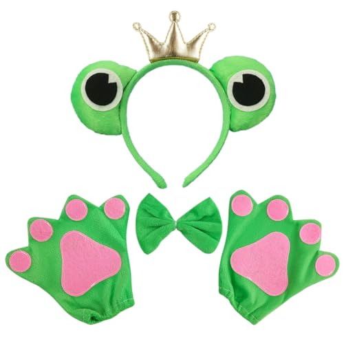 Frosch Haarreifen König Set, Crazy Frog Headband, Frosch Handschuhe mit Fliege, Fasching Kopfbedeckung mit Froschaugen und Krone, Froschkönig Haarreifen Accessoire für Karneval Fasching von O-Kinee