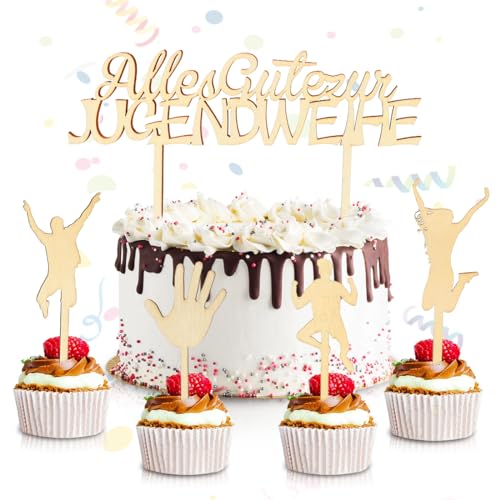 Holz Jugendweihe Tortendeko, 5 Stück Jugendweihe Deko Torte, Alles Gute zur Jugendweihe Cake Topper, Tortendeko Jugendweihe Mädchen Junge, Kuchen Topper für Jugendweihe Deko von O-Kinee