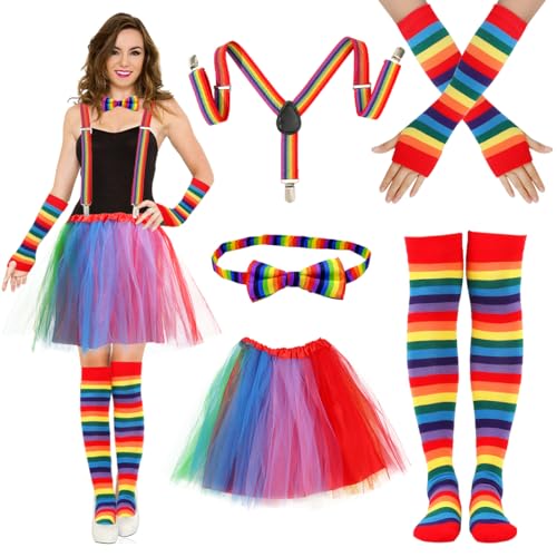 O-Kinee 5er Regenbogen Faschingskostüme Damen mit Regenbogen Tüllrock bunter Kniestrümpfe Fingerlose Handschuhe Hosenträger Bow Tie Set für 80er 90er Jahre Rock Mottoparty,Karneval,Halloween von O-Kinee