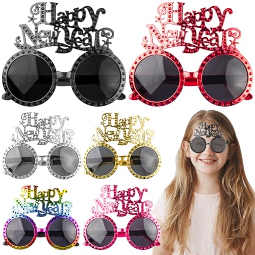 O-Kinee 6 Stück 2025 Frohes Neues Jahr Brillen，Happy New Year Brillen,Lustige Silvester Brillen,Silvester brille für Neujahrsparty,Silvester accessoires Foto Requisiten Partybrille von O-Kinee