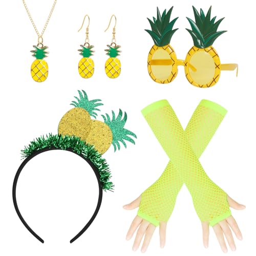 O-Kinee Ananas Kostüm Damen,Haarreif Ananas,Ananas Deko,Hawaii Outfit Damen Haarschmuck,Lustige Brille Handschuhe Halskette Ohrringe,Kostüm Accessoire für Mottoparty Karneval Fasching von O-Kinee