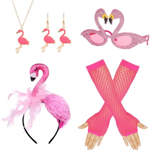 O-Kinee Flamingo Kostüm Damen,Haarreif Flamingo,Flamingo Deko,Hawaii Outfit Damen Haarschmuck,Lustige Brille Handschuhe Halskette Ohrringe,Kostüm Accessoire für Mottoparty Karneval Fasching von O-Kinee